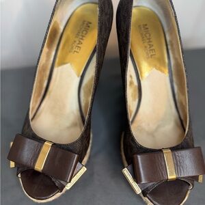 Michael Kors Dark Brown Peep-Toe Heels with Gold Accents